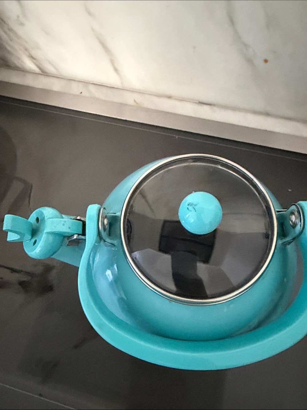 Enamel Turquoise Whistling Tea Kettle with Comfort Handle - Picture 5 of 6